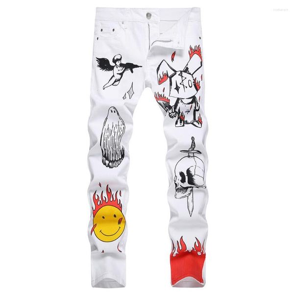 Jeans da uomo Jeans da uomo con stampa digitale Denim Fashion Skull Angel Flame Painted Stretch Pants Pantaloni bianchi slim dritti