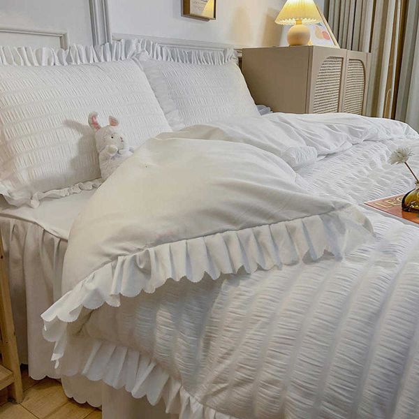 Completi letto Completi letto Bonenjoy Seersucker Set copripiumino con volant Queen Colore bianco Set lenzuola matrimoniali Set biancheria da letto housse de couette Letto singolo 230308