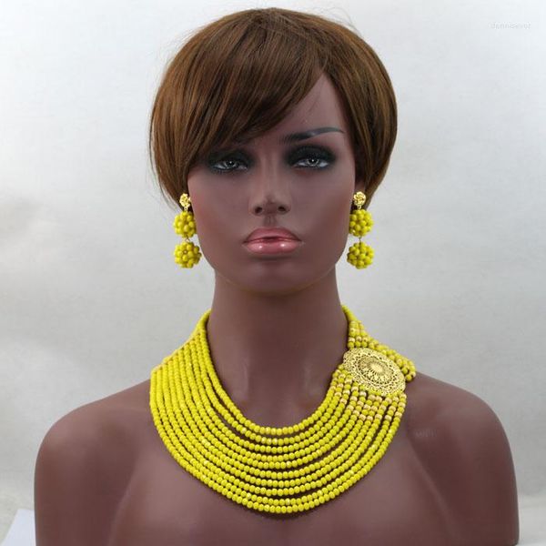 Brincos de colar Conjunto de casamentos amarelos Africano Braid Nigerian Crystal Badyed Jóias 10 Camadas Lady Alj609