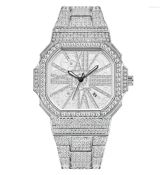 Relógios de pulso completo diamante quadrado ouro relógio masculino super flash hiphop preto moda calendário real quartzo