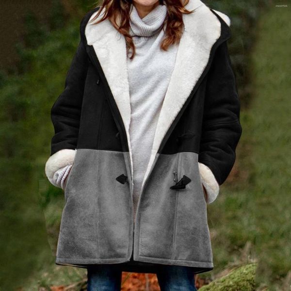 Kadın Ceketleri Kadın Kış Coat Patchwork Velvet Katlar Uzun Kollu Korna Toka Cepleri Palto Kapşonlu
