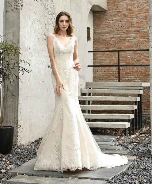 2023Abito da sposa a sirena Stile lungo con paillettes slim a V profonda