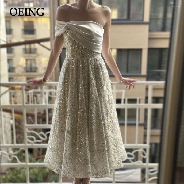 Abiti da festa OEING Beige Stain Una spalla Prom Bordare Tulle Abito Occasioni formali Abiti De Fiesta Elegantes Para Mujer 2023