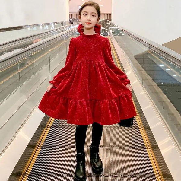 Vestidos de menina 2023 outono inverno crianças meninas sólido vermelho glitter renda pétala princesa em camadas adolescentes lã veludo roupas ano 4 12