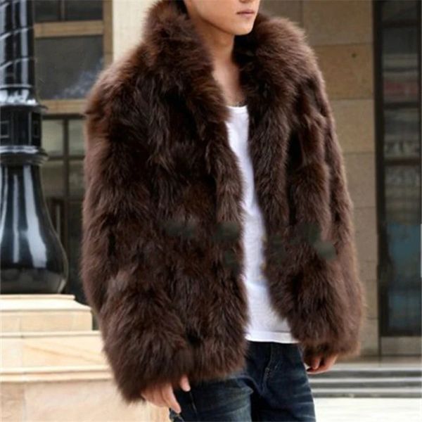 Мужская кожаная искусственная кожа Мужская искусственная шуба Корейская мода Тонкая одежда Зимнее коричневое пушистое теплое пальто размера плюс Xxxl 4xl Повседневная мужская верхняя термокуртка 231120