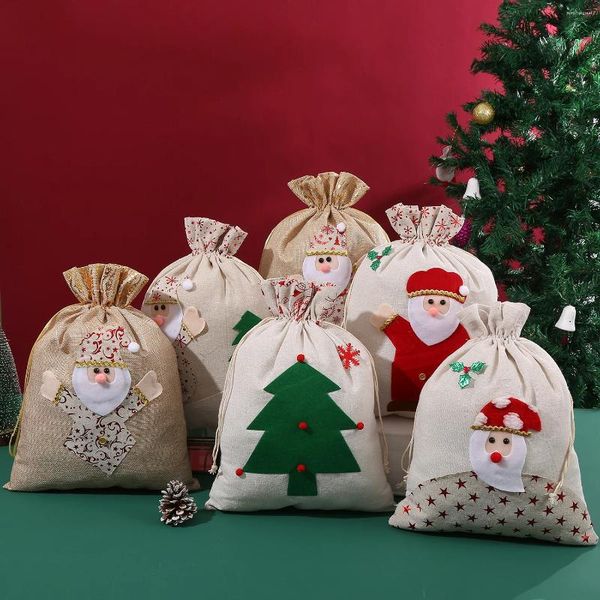 Mücevher torbaları 10pcs/lot 30 40cm Mutlu Noeller Büyük Drawstring Pamuk Keten Hediye Sevimli 3d Noel Baba Kar Tanesi Çantalar Ev Depolama