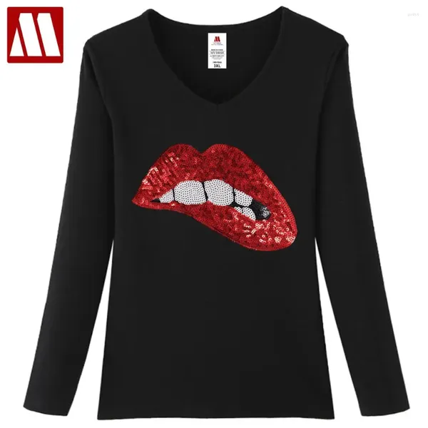 Mulheres Camisetas Mulheres Algodão Engraçado Lantejoulas T-shirt Moda Lantejoulas Lábios Vermelhos Senhora Manga Longa Camiseta O-pescoço Kawaii Camiseta Femme