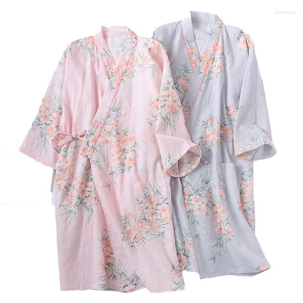 Moda -sono feminina Spring Summer Women Women Japonês Kimono Style simples Sleep Robe Comfort Galze Cotton Ladies Elegante Floral Impresso solto