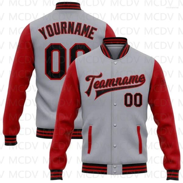 Jaquetas masculinas personalizadas cinza preto-vermelho bombardeiro Full-Snap Varsity Letterman jaqueta de dois tons