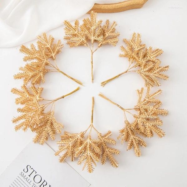 Fiori decorativi 6 pezzi piante artificiali ramo finto dorato con gelo per accessorio albero di Natale decorazione da parete per la casa decorazione di nozze