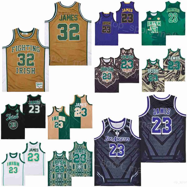 High School St Vincent Mary Fighting Irish Jerseys Basquete LeBron James 23 Coroa de mármore Black Brown Green Team All Stitching Sport Breathable Alternate Moive