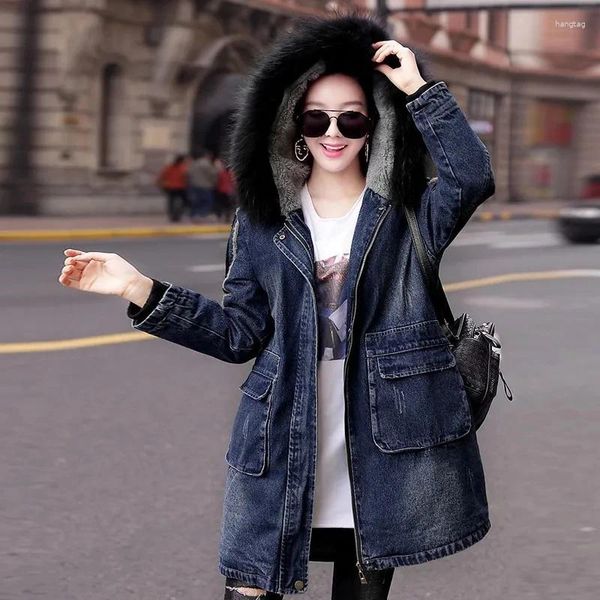 Frauen Graben Mäntel Große Größe Denim Jacke Winter Plus Samt Baumwolle Mantel Frauen Casual Mit Kapuze Parka Weibliche Lange Parkas 2023