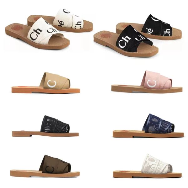 2023 Novos chinelos de luxo Designer Feminino Woody Flat Mules Sandálias Slides Vela Lona Branco Preto Feminino Sapatos de Praia Ao Ar Livre Sapatos