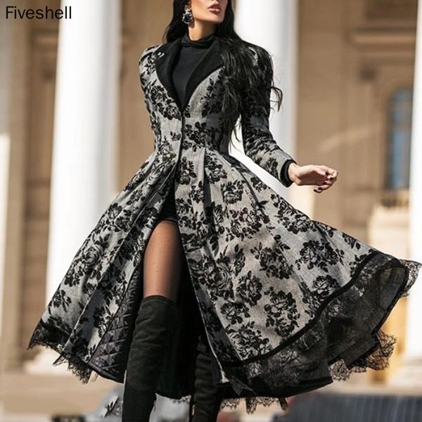 Vestido de trincheira feminina para casaco de inverno outono de manga longa de manga longa jaqueta de costura de renda esbelta e elegante vestidos pretos 230421