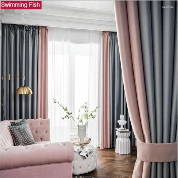 Cortina de algodão de seda espessada Fazinho de algodão simples moderno costura de duas cores cortinas acabadas rosa cinza/azul 1 painel
