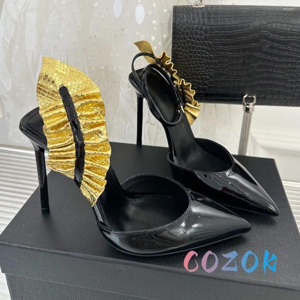 Sandálias Brilhantes Couro Preto Apontou Toe Vestido Formal Sapatos Femininos Ouro Snake-Shaped Ruffled High-Heel Summer