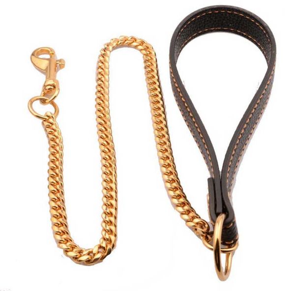 Altri accessori moda Acciaio inossidabile Pet Catena d'oro Guinzagli per cani Manico in pelle Guinzaglio portatile Cinghie di corda Cucciolo di gatto Addestramento Collare antiscivolo Forniture11