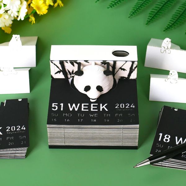 Altro Giardino domestico Omoshiroi Block Blocco note 3D Calendario artistico 2024 Panda Memo Pad Kawaii Blocchi di note adesive Intaglio di carta Modello regalo 231121