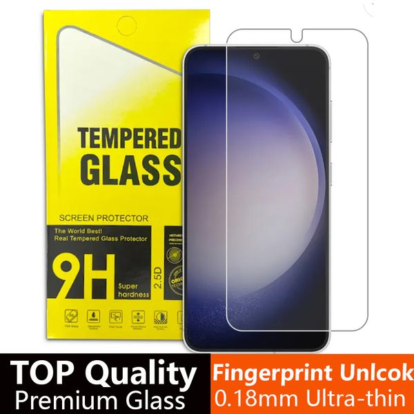 S24 Ultra 0,18 mm Protezione per lo schermo del telefono in vetro temperato con sblocco dell'impronta digitale per Samsung Galaxy S24 Plus S23 S22 S21 Plus 2.5D Vetro trasparente in sacchetto di carta