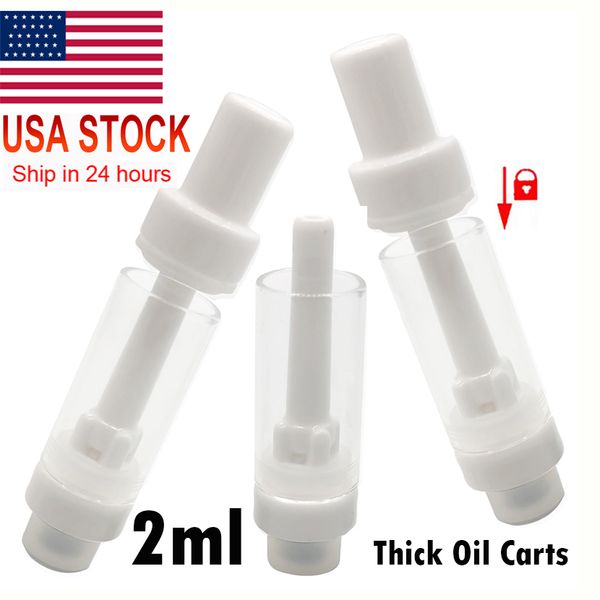 USA STOCK Cartucce Vape Atomizzatori da 2 ml Carrelli per sigarette elettroniche Olio denso Vuoto Piatto a scatto con punta Vaporizzatore a bobina in ceramica Atomizzatore bianco nero Bocchino rotondo Pressa nei carrelli