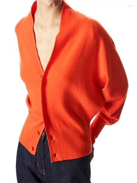 Malhas femininas misturas de lã laranja camisola com decote em v temperamento único breasted 2023 primavera feminino cardigans de malha