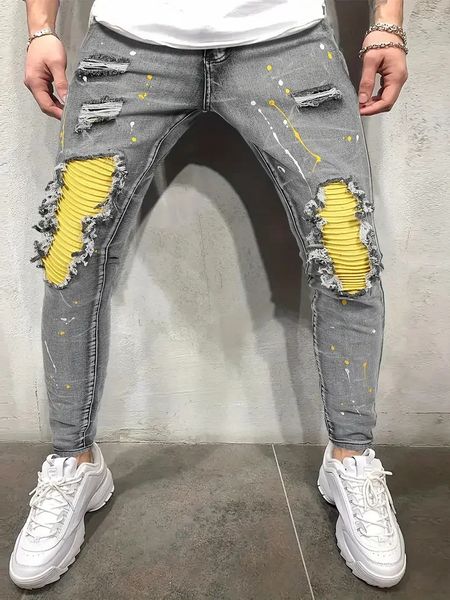 Jeans da uomo per il tempo libero, stile street creativo, pittura ad alta elasticità, design a strappo, ultra sottile, vestibilità slim, primavera-estate 231112