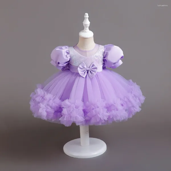 Vestidos infantis roxos para meninas, vestido tutu de lantejoulas para primeira festa de aniversário, manga bufante, princesa, vestido de baile de natal, 1-6 anos