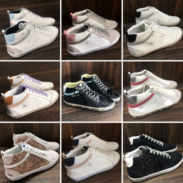 Designer Outlet Sapatos Novo Lançamento Luxe Designer Golden Mid Slide Star Sneakers Mulheres Marca Italiana Clássico Branco Do-Old Dirty Fashion Star Trainers Mens High