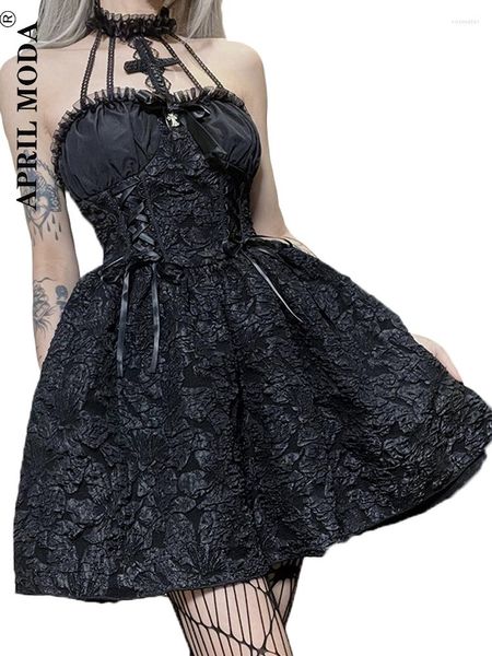 Lässige Kleider 2023 Vintage Halfter Schwarz Gothic Emo Party Halloween Kostüm Mini Cosplay One Piece Grunge Lace Y2K Kawaii Lolita Kleid