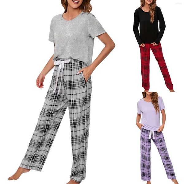 Mulheres de duas peças calças mulheres 2 outfits solto lazer camisola laço calça nightwear cintura elástica xadrez sleepwear conjunto homewear