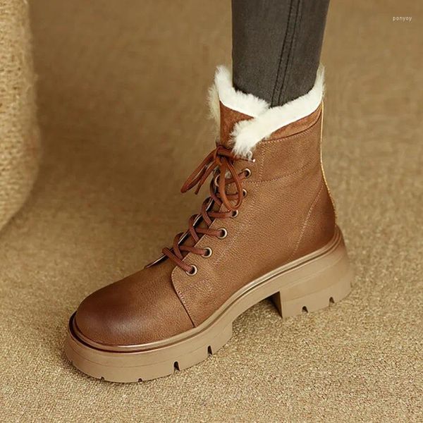 Botas artesanais de couro de vaca marrom mulheres plataforma de neve sola de borracha quente inverno tornozelo botas cruz cinta preto motocicleta botines