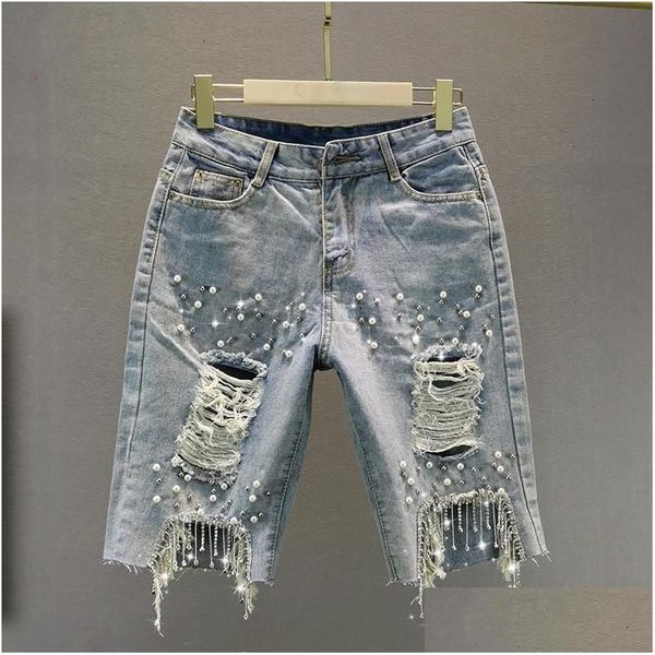 Jeans feminino feminino 2021 primavera solta cintura alta emagrecimento curto verão mulheres shorts shorts de joelho rasgado de miçangas