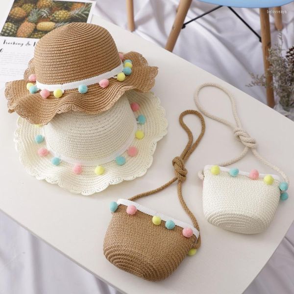 Cappelli a tesa larga per bambini Cappello di paglia intrecciato Borsa a tracolla Set Estate Pompon Princess Sun Outdoot Beach Travel Protezione solare Cappellini Borsa portatile