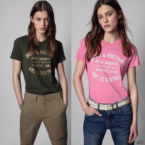 23 Francês Zadig Voltaire Tir shirt Designer de letras clássicas de algodão impresso Camiseta de pescoço redonda de manga curta para mulheres