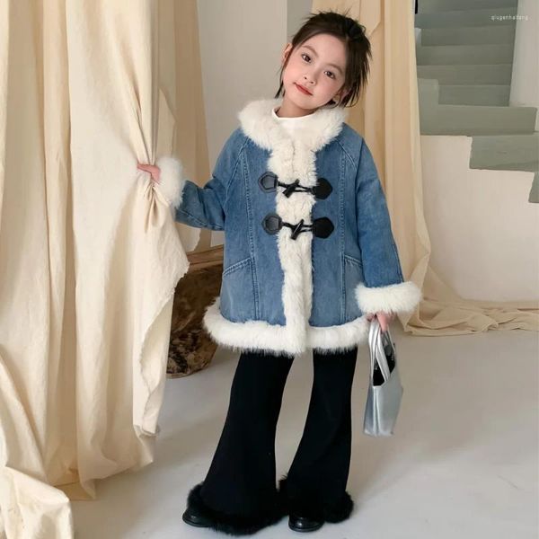 Piumino Abbigliamento invernale per bambini Abbigliamento Ragazza Colletto Mao imbottito stile occidentale Denim Bottone in corno tesoro femminile