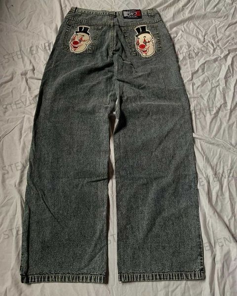 Jeans masculinos vintage high street clown careta jeans bordados para homens y2k goth punk harajuku tendência solta perna reta calças largas t231121