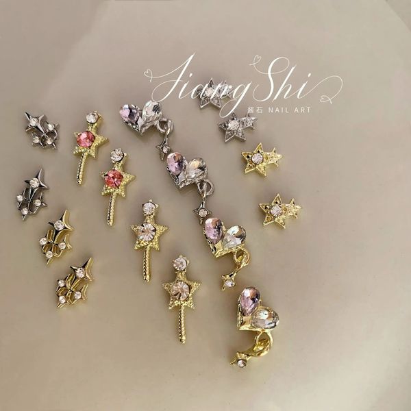 Decorações de arte de unhas 50pcs Beauty Girl Meteor Nail Charm Gold e Silver Enhancement Star Zircon Diamond Five Pointed Star Manicure Sailor Heart Moon 231121