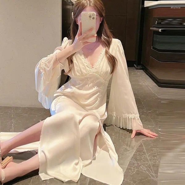 Kadın pijama alçak kesim seksi katı kadın gece elbisesi derin v boyun ipeksi saten gece dantel nightgown kadın bölünmüş çatal sleepdresstrim