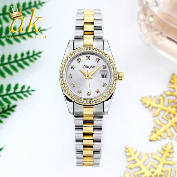 Relógios de pulso Aokaishen Relógios para Senhoras Moda Negócios Mini Calendário de Aço Inoxidável Pequeno 2023 Bezel Mulheres Assista