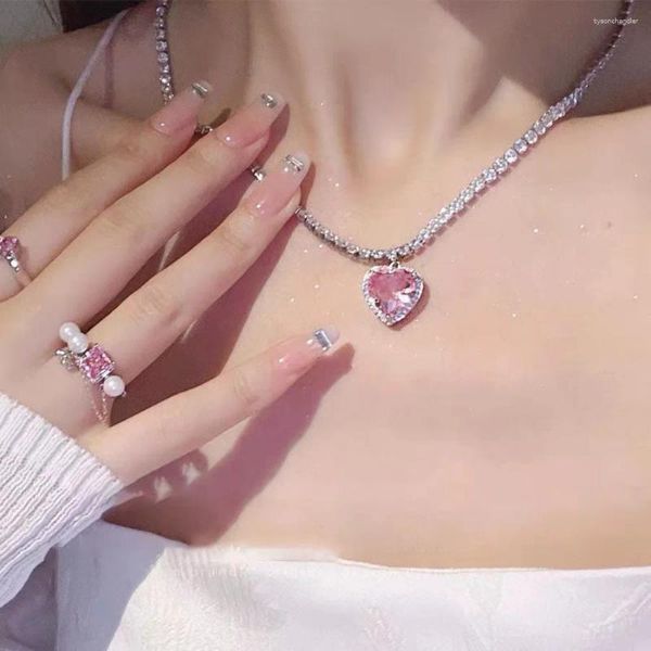 Anhänger Halsketten Koreanische Nette Rosa Herzförmige Choker Halskette Für Frauen Exquisite Zirkon Schlüsselbein Kette Y2K Ästhetischen Schmuck Geschenk