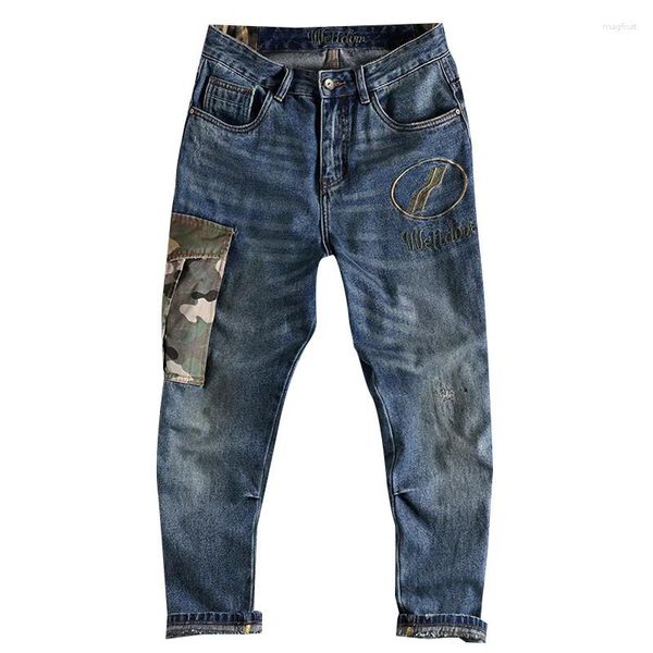 Calças de brim masculinas em linha reta haren camuflagem bolso emenda bordado calças jeans vintage lavado calças soltas masculino