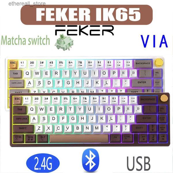 Teclados Feker IK65 VIA Bluetooth Teclado Mecânico Bt 2.4G Hot Swap Matcha Switch Junta PBT Keycaps 3Modes RGB 65% Knob Teclado Q231121
