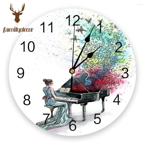 Orologi da parete Stile pittura a olio Pianoforte Donna Musica Orologio in PVC Design moderno Decorazioni per la casa Camera da letto Orologio silenzioso per soggiorno