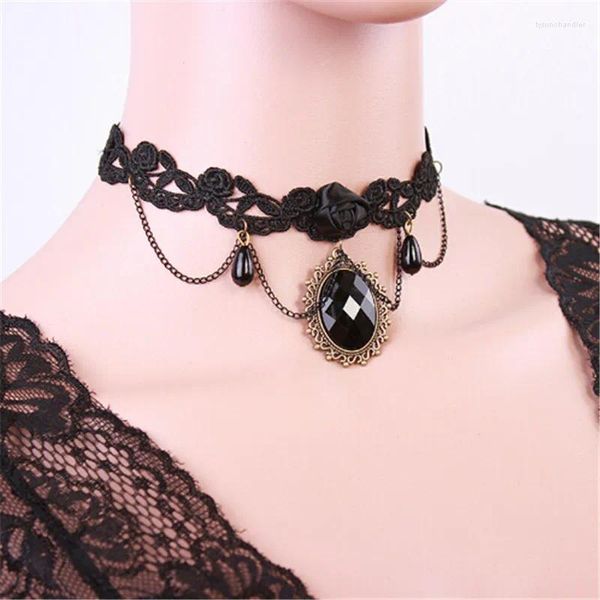 Anhänger Halsketten Mode Halsband Spitze Halskette Rose Design Schwarz Harz Stein Charme Paare Schmuck Weihnachten Für Dame Geschenke