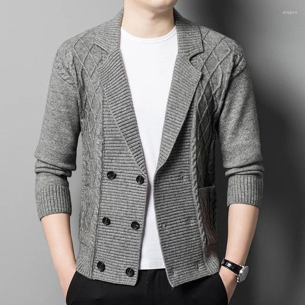 Suéter masculino duplo breasted cardigan 2023 outono moda coreana xadrez camisola casual turn down colarinho fino ajuste malhas de manga comprida