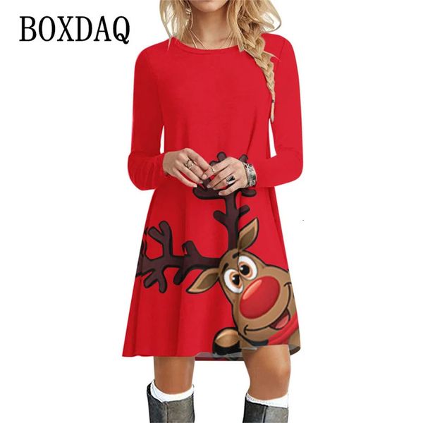 Vestidos casuais básicos doce bonito dos desenhos animados imprimir vestido feminino kawaii cervos de natal casual vestido de natal outono oversized manga longa o-pescoço vestido 231120