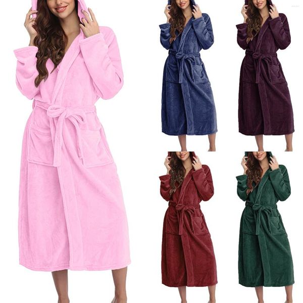 Homens sleepwear mulheres com capuz roupão de lã leve macio h longo flanela quente robe