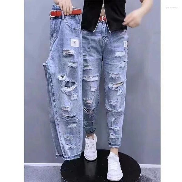 Calças de brim femininas primavera verão coreano buraco selvagem mulheres cintura alta perna reta chique solto calças jeans bf amigo casual tornozelo-comprimento calça