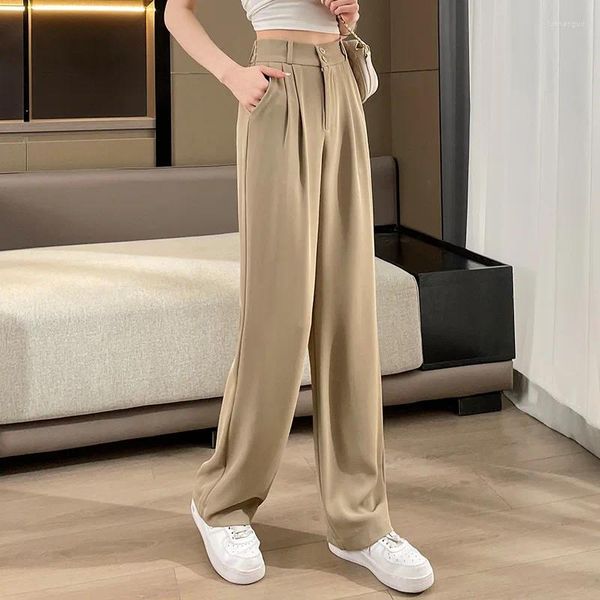 Calças femininas verão cintura alta terno calças em linha reta casual cor sólida solta versátil simples senhora do escritório elegante perna larga