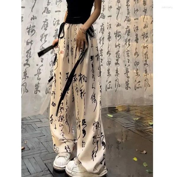 Calças femininas caligrafia texto fita larga perna verão gelo seda legal sentimento chinês preguiçoso cintura alta casual